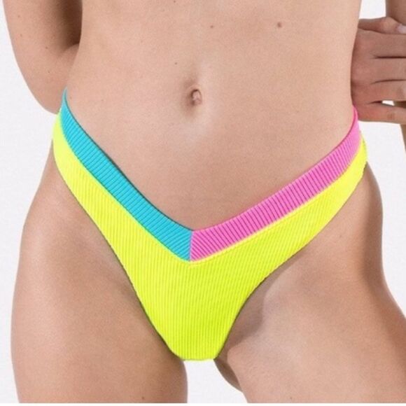 Oneone Jesse Bikini Bottoms Rib Neon High Cut Cheeky Color Block Free People M - Picture 1 of 8
